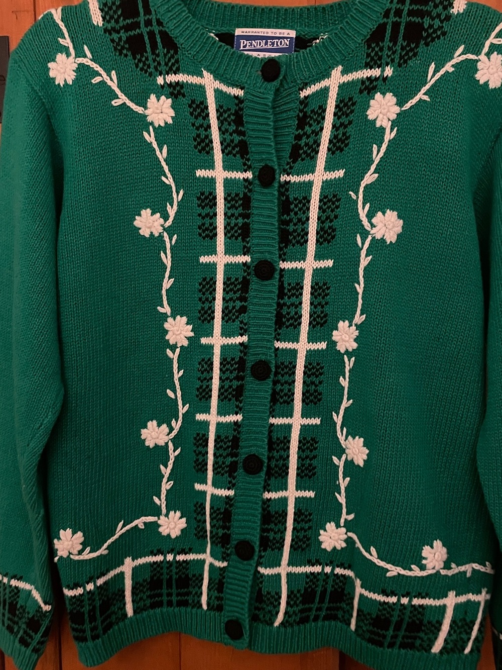Vintage Pendleton Classic Green Plaid Floral Embroidered Cardigan Sweater S